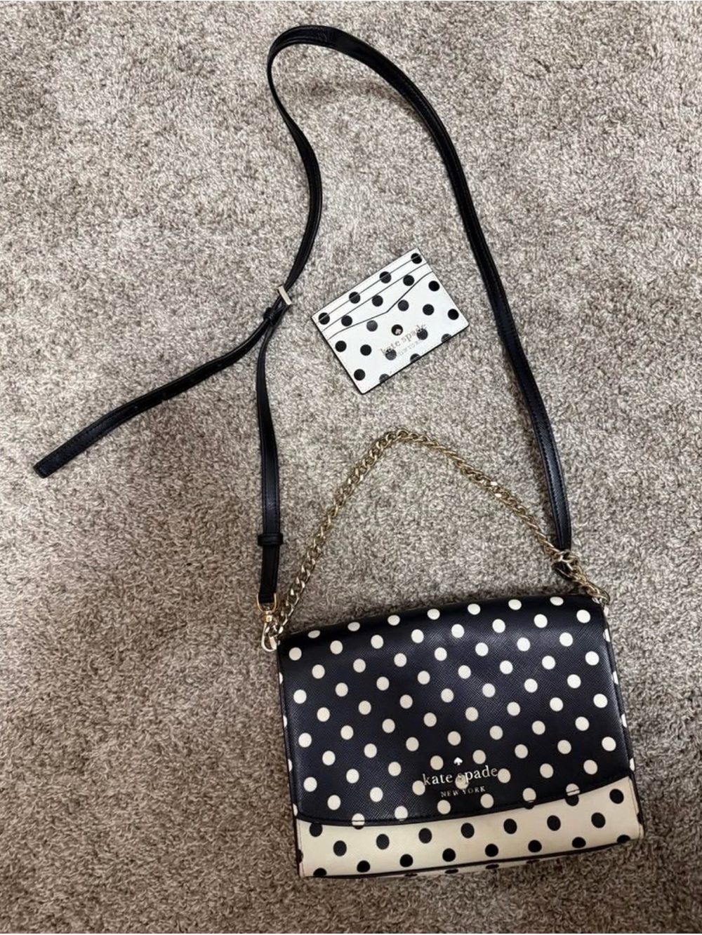 kate spade Black and White Polka Dot Crossbody Bag with Gold Chain and Wallet